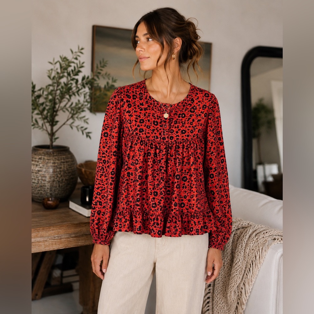Xirena Tomato Red Abstract Spot Print Cotton Tiered Blouse Size M